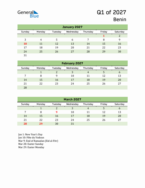 Quarterly Calendar 2027 with Benin Holidays