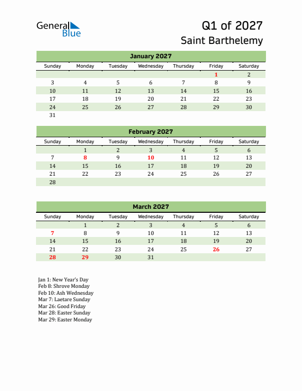 Quarterly Calendar 2027 with Saint Barthelemy Holidays