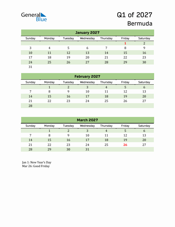 Quarterly Calendar 2027 with Bermuda Holidays