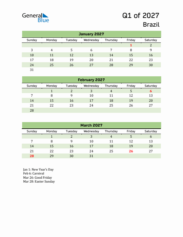 Quarterly Calendar 2027 with Brazil Holidays