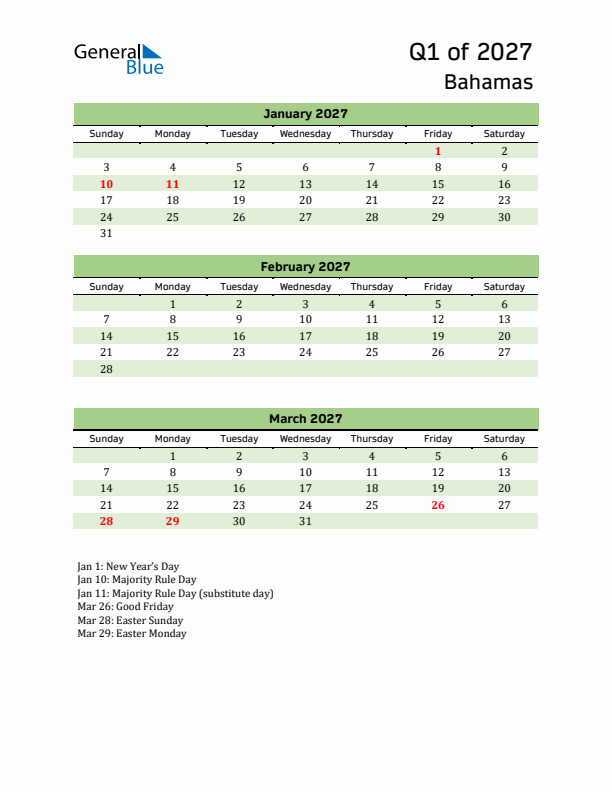 Quarterly Calendar 2027 with Bahamas Holidays