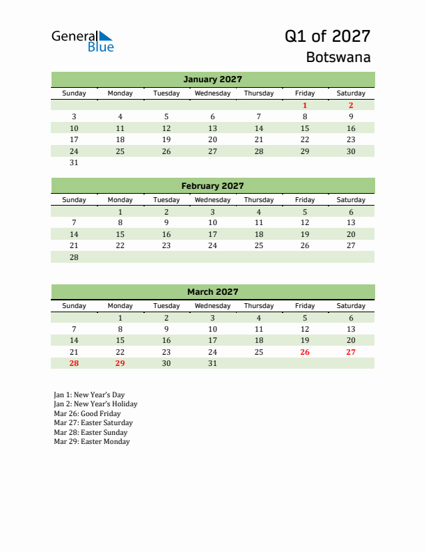 Quarterly Calendar 2027 with Botswana Holidays