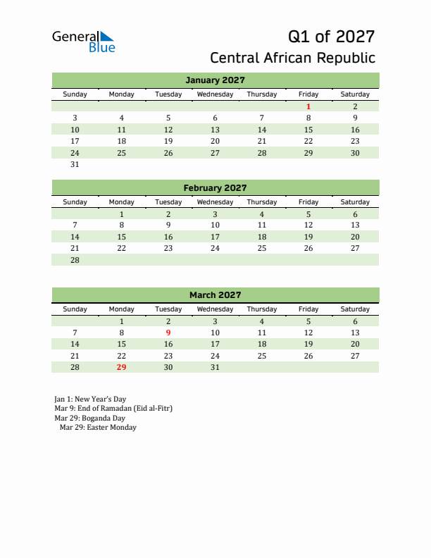 Quarterly Calendar 2027 with Central African Republic Holidays