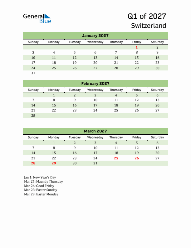 Quarterly Calendar 2027 with Switzerland Holidays