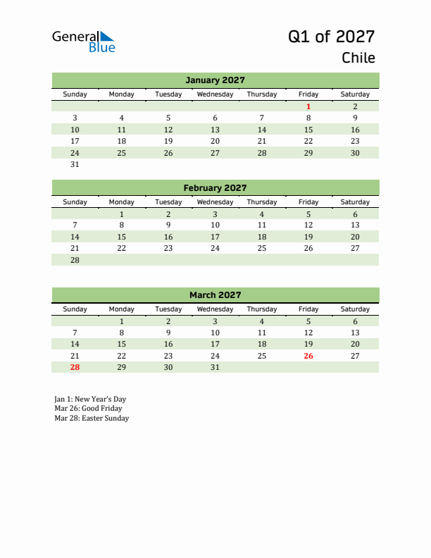 Quarterly Calendar 2027 with Chile Holidays