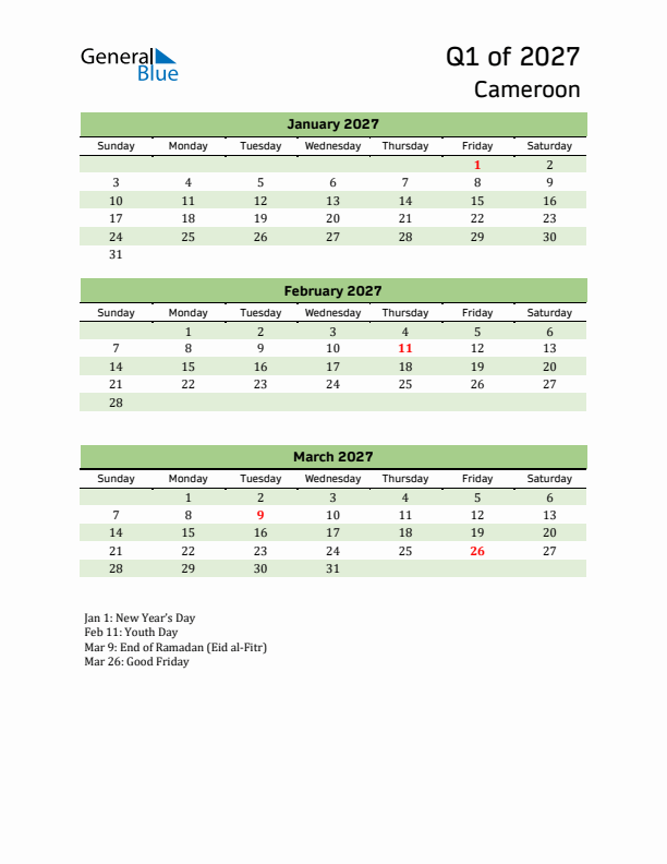 Quarterly Calendar 2027 with Cameroon Holidays