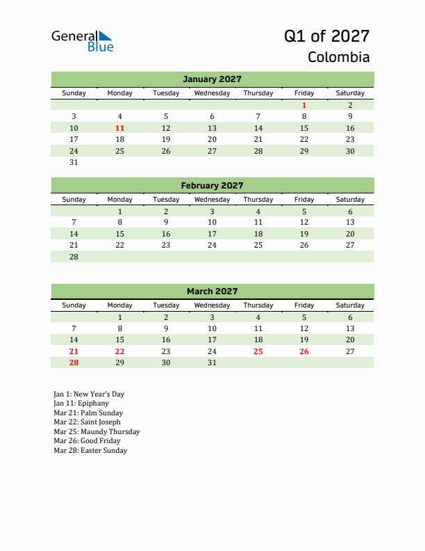 Quarterly Calendar 2027 with Colombia Holidays