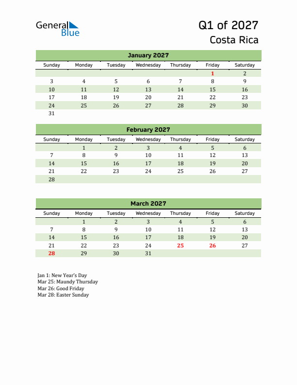 Quarterly Calendar 2027 with Costa Rica Holidays