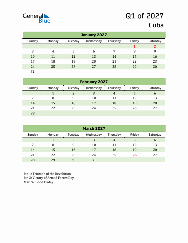 Quarterly Calendar 2027 with Cuba Holidays