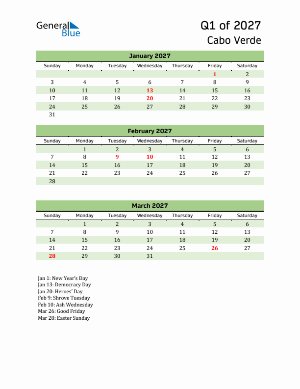 Quarterly Calendar 2027 with Cabo Verde Holidays