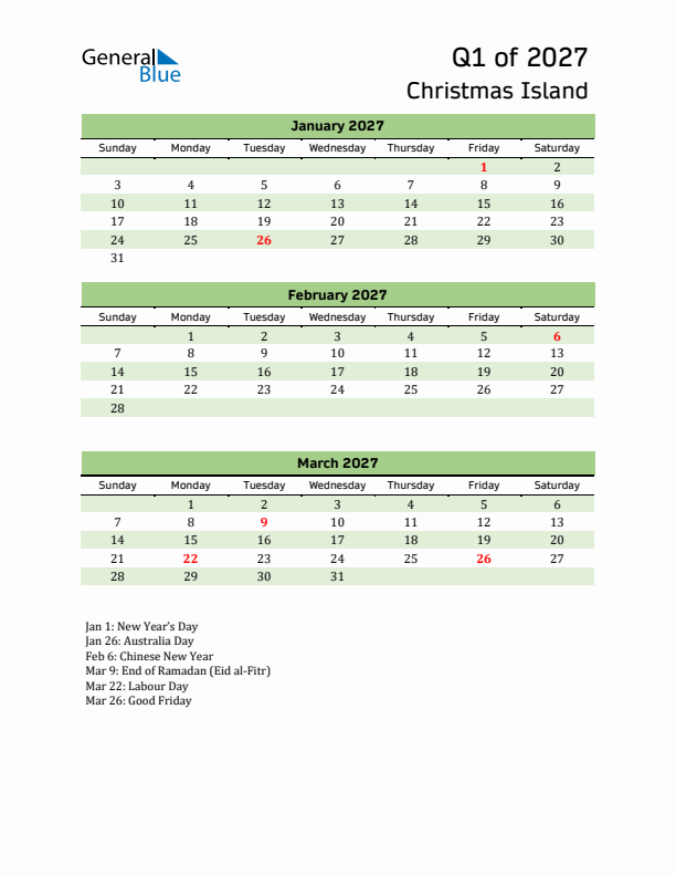 Quarterly Calendar 2027 with Christmas Island Holidays