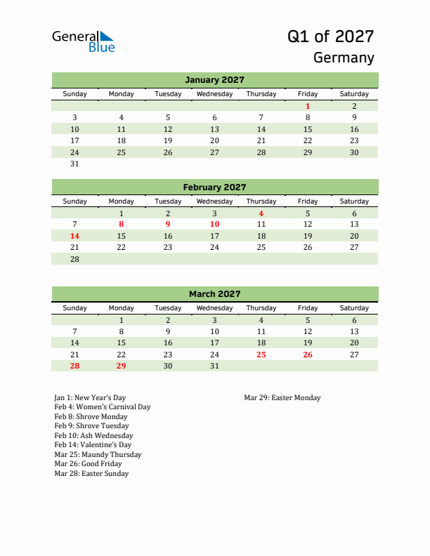 Quarterly Calendar 2027 with Germany Holidays