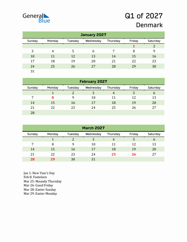 Quarterly Calendar 2027 with Denmark Holidays