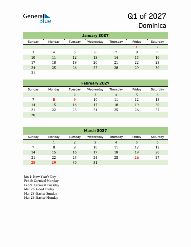 Quarterly Calendar 2027 with Dominica Holidays