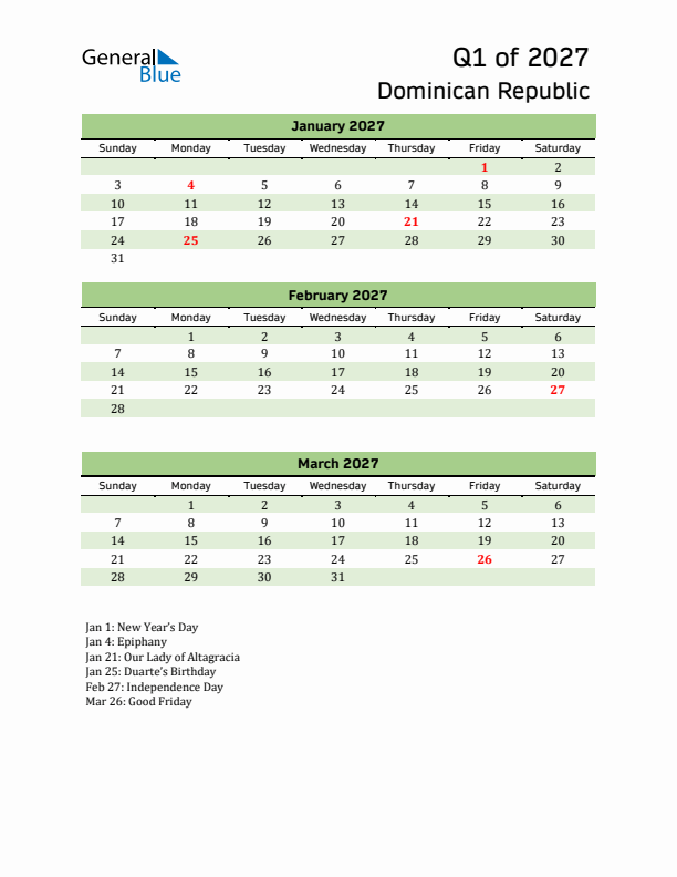 Quarterly Calendar 2027 with Dominican Republic Holidays