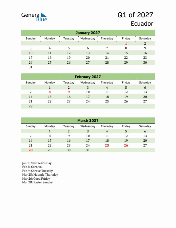 Quarterly Calendar 2027 with Ecuador Holidays