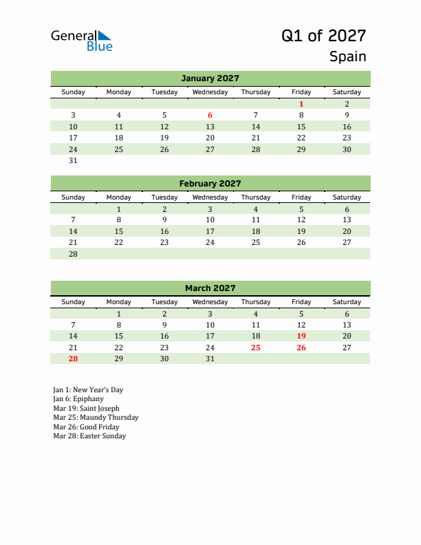 Quarterly Calendar 2027 with Spain Holidays