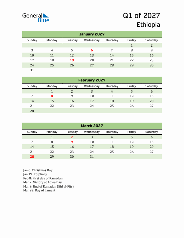 Quarterly Calendar 2027 with Ethiopia Holidays