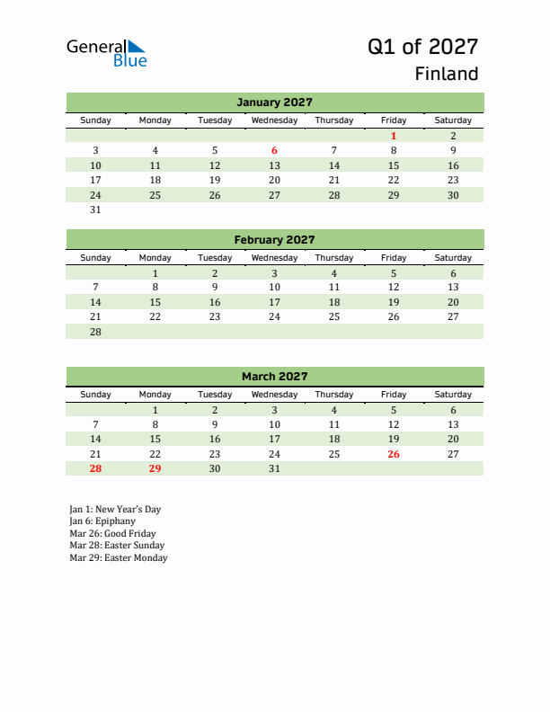 Quarterly Calendar 2027 with Finland Holidays