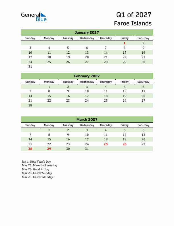 Quarterly Calendar 2027 with Faroe Islands Holidays