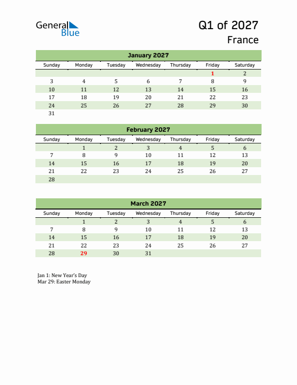 Quarterly Calendar 2027 with France Holidays