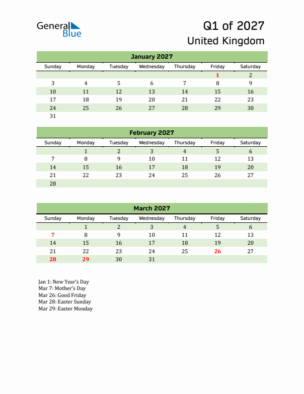 Quarterly Calendar 2027 with United Kingdom Holidays