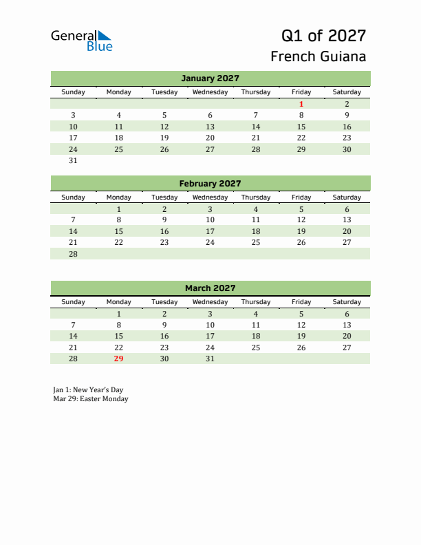 Quarterly Calendar 2027 with French Guiana Holidays