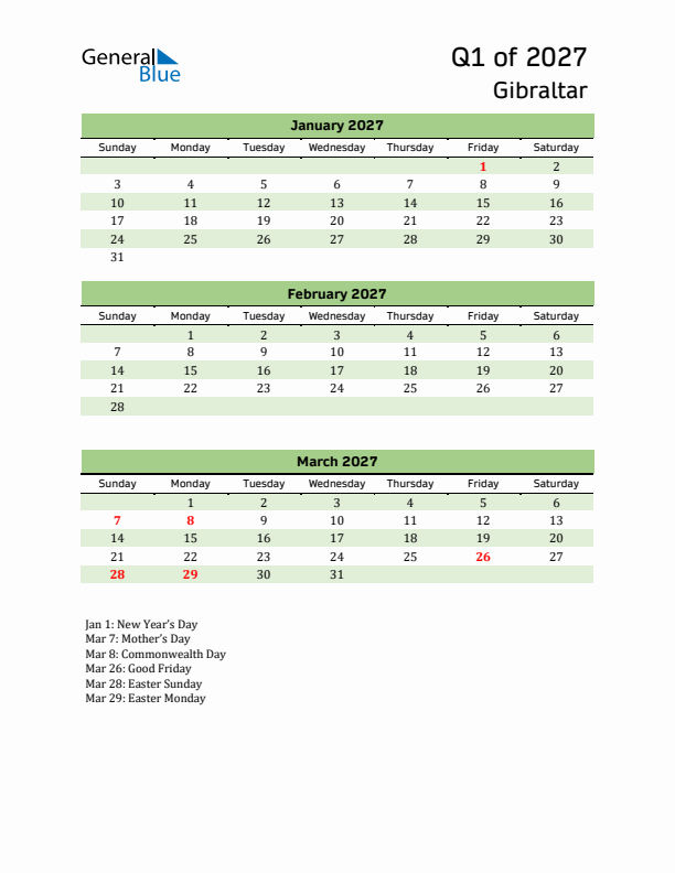 Quarterly Calendar 2027 with Gibraltar Holidays