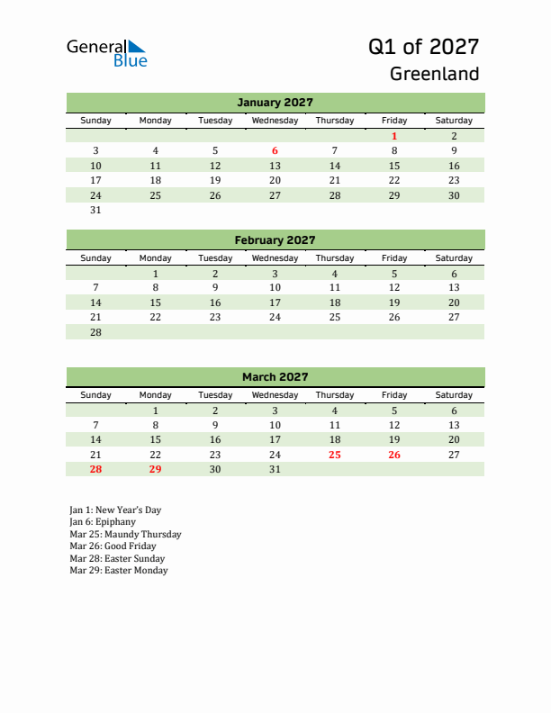 Quarterly Calendar 2027 with Greenland Holidays