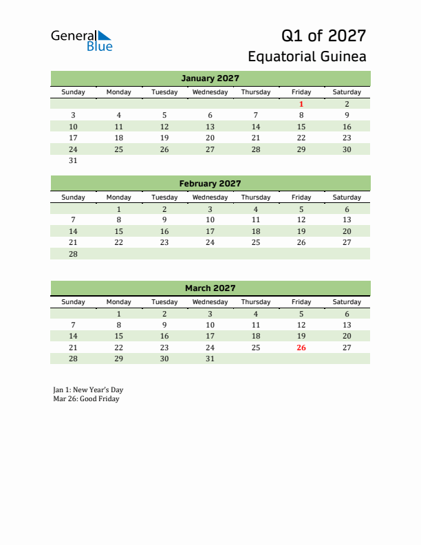 Quarterly Calendar 2027 with Equatorial Guinea Holidays