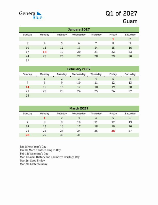 Quarterly Calendar 2027 with Guam Holidays