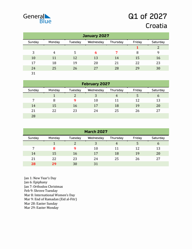 Quarterly Calendar 2027 with Croatia Holidays