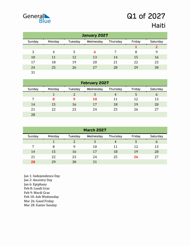 Quarterly Calendar 2027 with Haiti Holidays