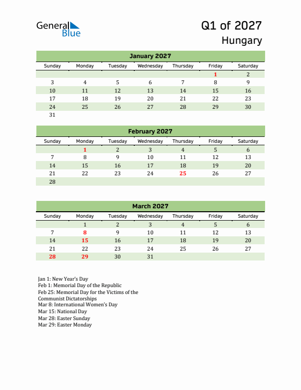 Quarterly Calendar 2027 with Hungary Holidays