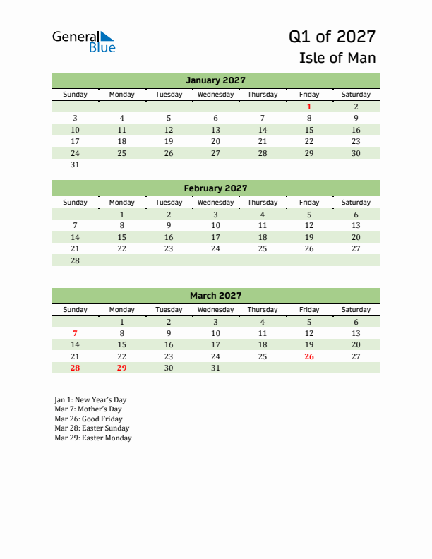 Quarterly Calendar 2027 with Isle of Man Holidays