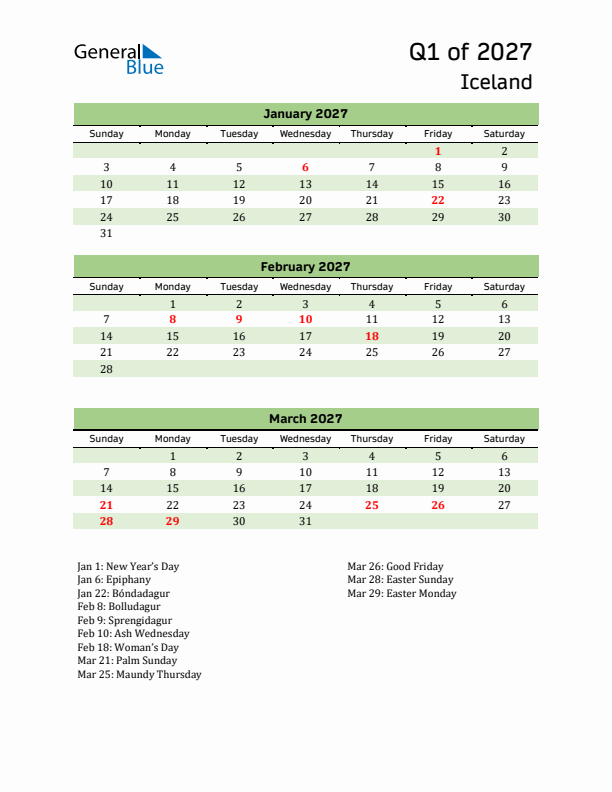 Quarterly Calendar 2027 with Iceland Holidays