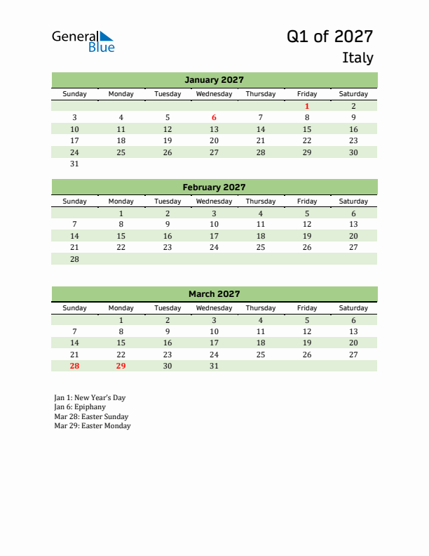 Quarterly Calendar 2027 with Italy Holidays