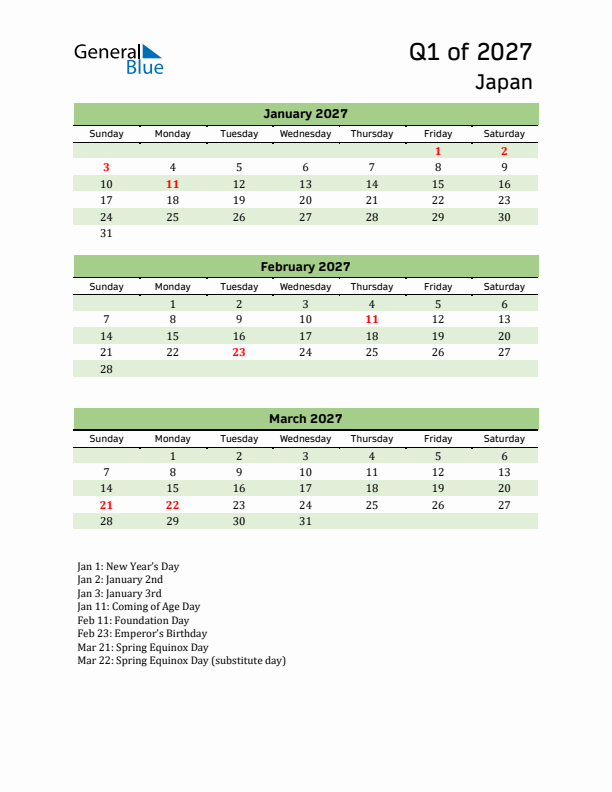 Quarterly Calendar 2027 with Japan Holidays