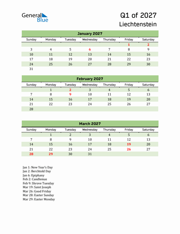 Quarterly Calendar 2027 with Liechtenstein Holidays