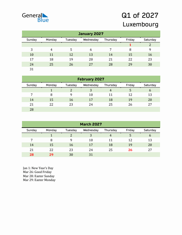 Quarterly Calendar 2027 with Luxembourg Holidays