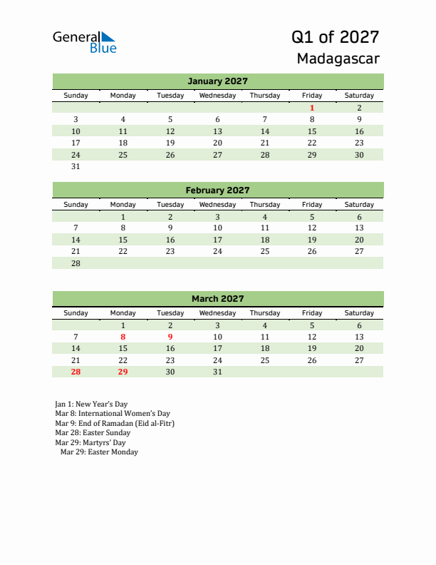 Quarterly Calendar 2027 with Madagascar Holidays