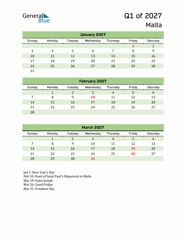 Quarterly Calendar 2027 with Malta Holidays