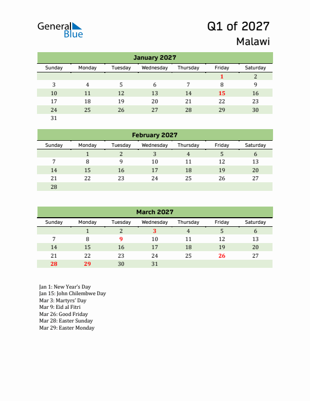 Quarterly Calendar 2027 with Malawi Holidays