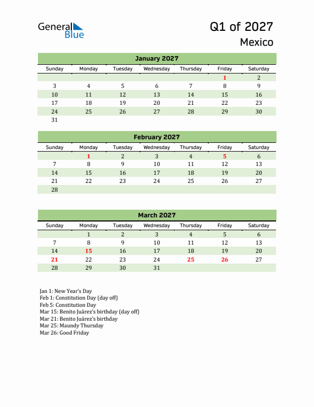 Quarterly Calendar 2027 with Mexico Holidays