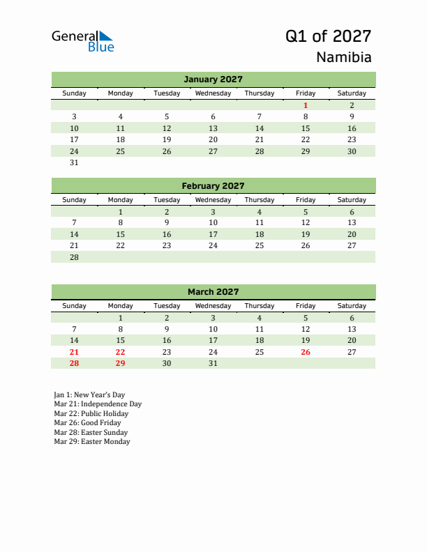 Quarterly Calendar 2027 with Namibia Holidays