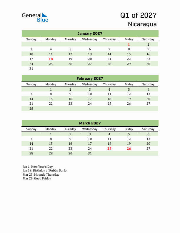 Quarterly Calendar 2027 with Nicaragua Holidays