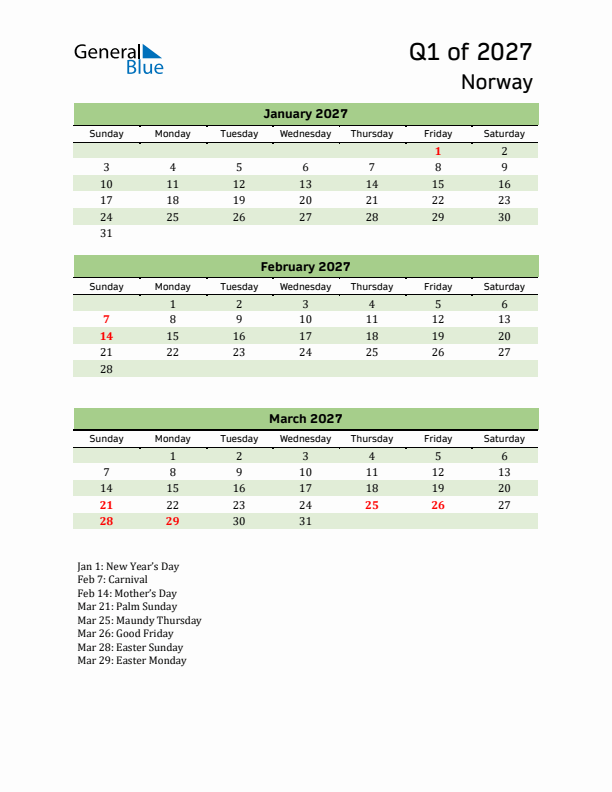 Quarterly Calendar 2027 with Norway Holidays