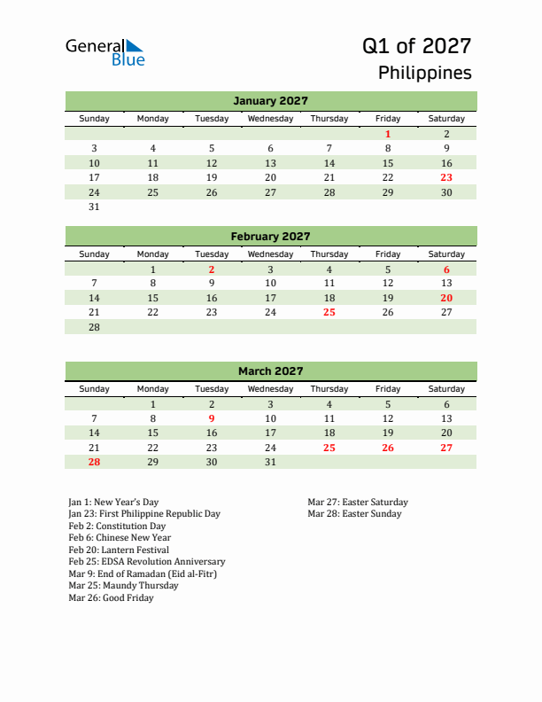 Quarterly Calendar 2027 with Philippines Holidays