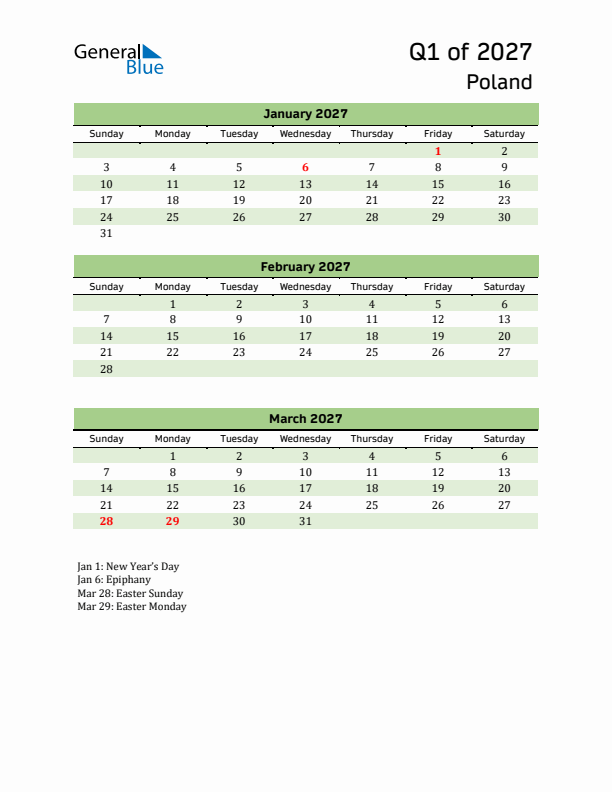 Quarterly Calendar 2027 with Poland Holidays