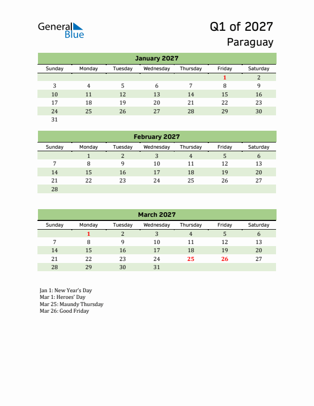 Quarterly Calendar 2027 with Paraguay Holidays